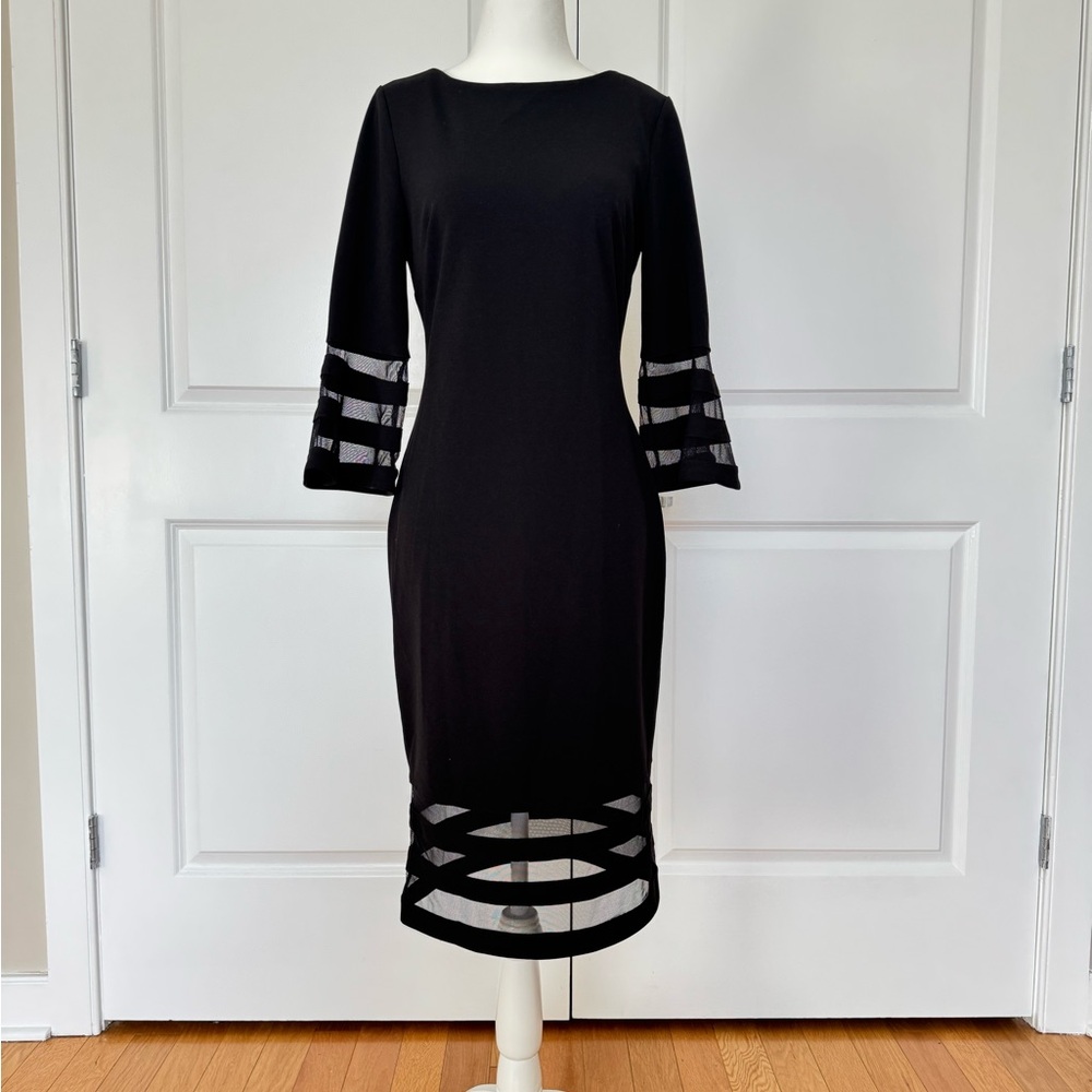 Calvin Klein Black Long Sleeve Sheath Dress with Mesh Stripe Insets